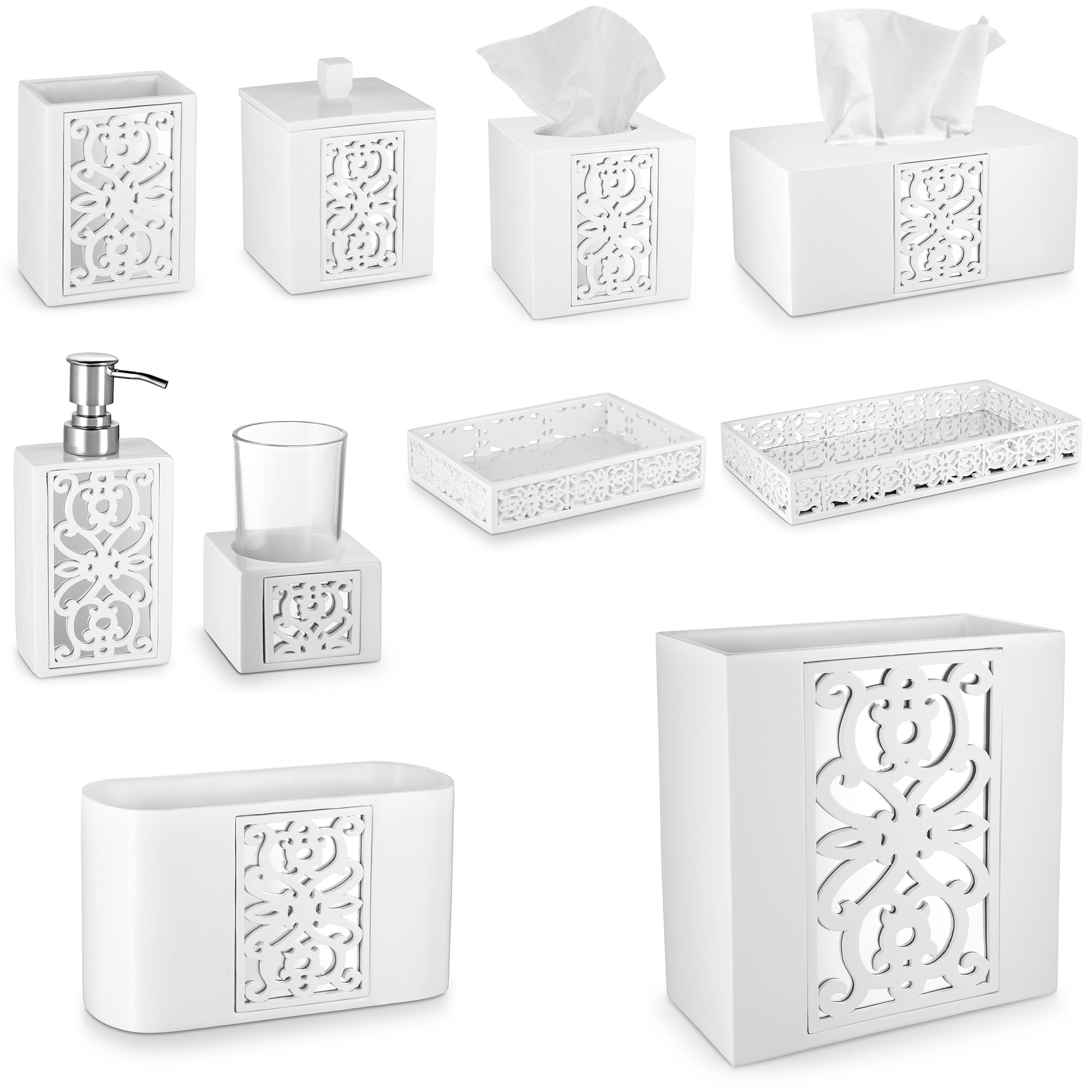 Creative Scents Mirror Janette White 6-Piece Bathroom Accessories Set - Includes Soap Dispenser, Toothbrush Holder, Tumbler Cup, Soap Dish, Tissue Cover & Wastebasket | Elegant Bathroom Decor for Home, Hotel & Spa