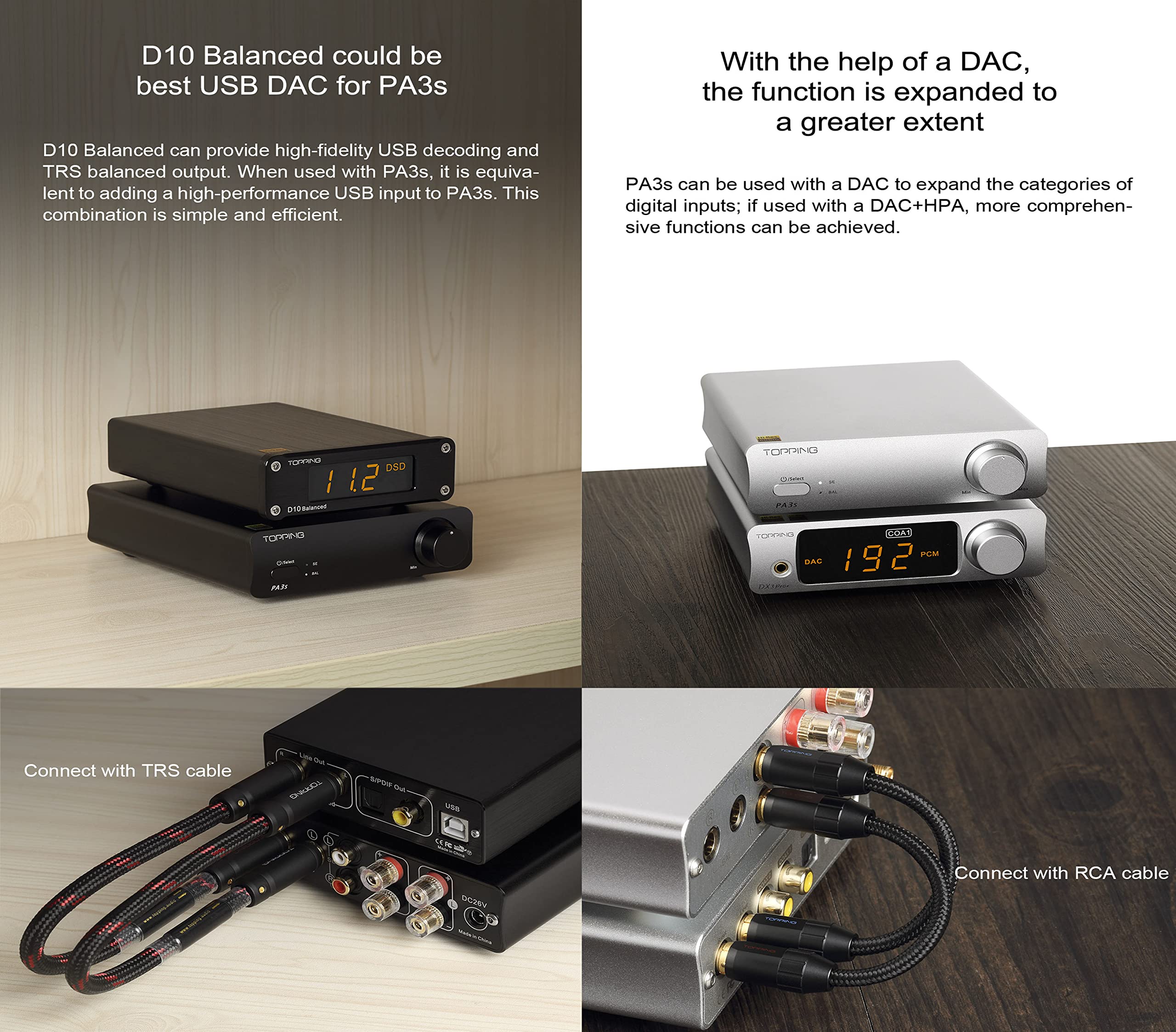 Topping PA3s Fully Balanced Class D Amplifier - 80W x 2 Power, MA12070 Chip, RCA/TRS Inputs - Perfect for Home Audio & Studio Use with DX3Pro+ (Black)