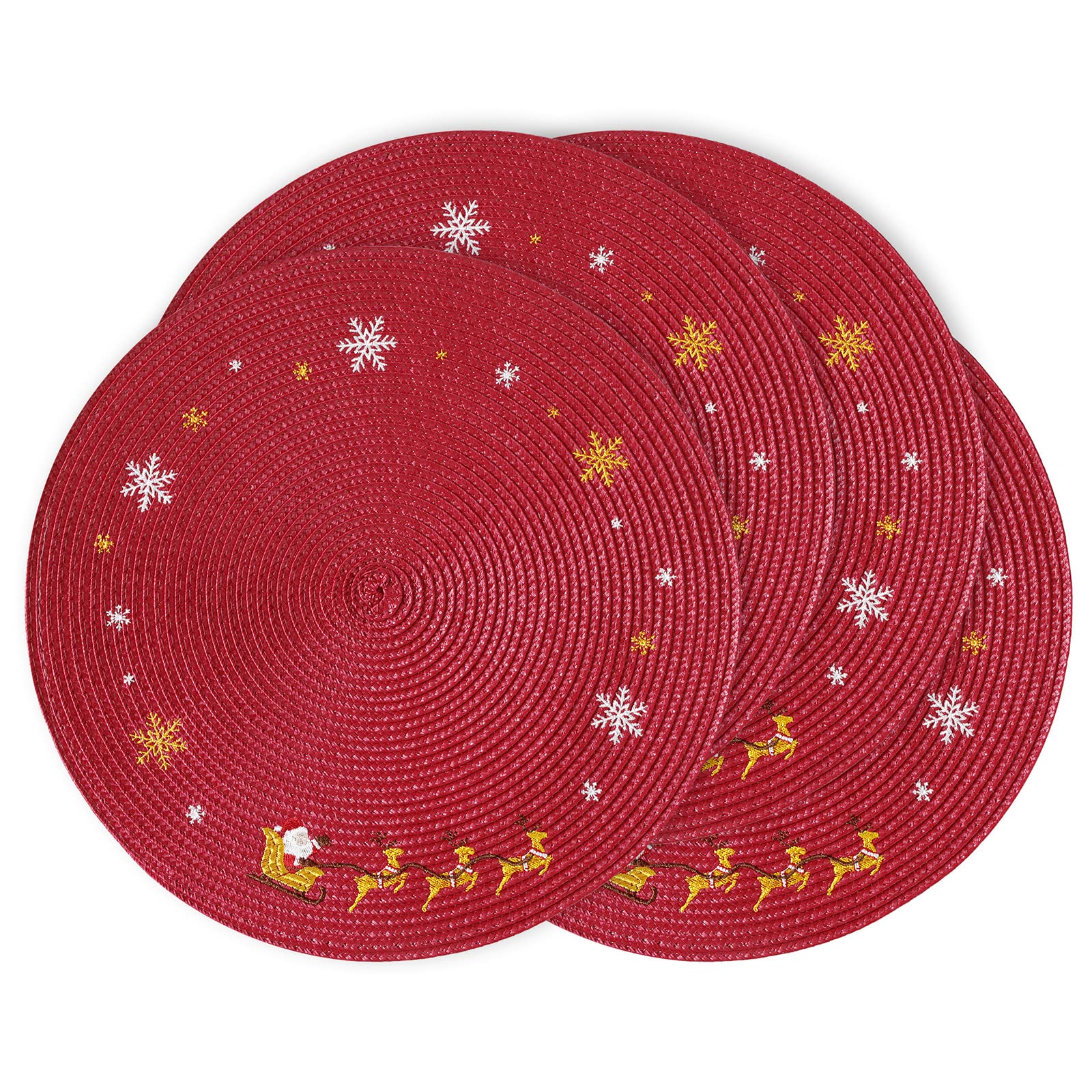 Round Christmas Placemats Set of 4 - 13.5 Inch Red Snowflake Holiday Table Mats for Round Dining Tables - Perfect for Christmas Dinner, Winter Decor & Indoor Holiday Decorations