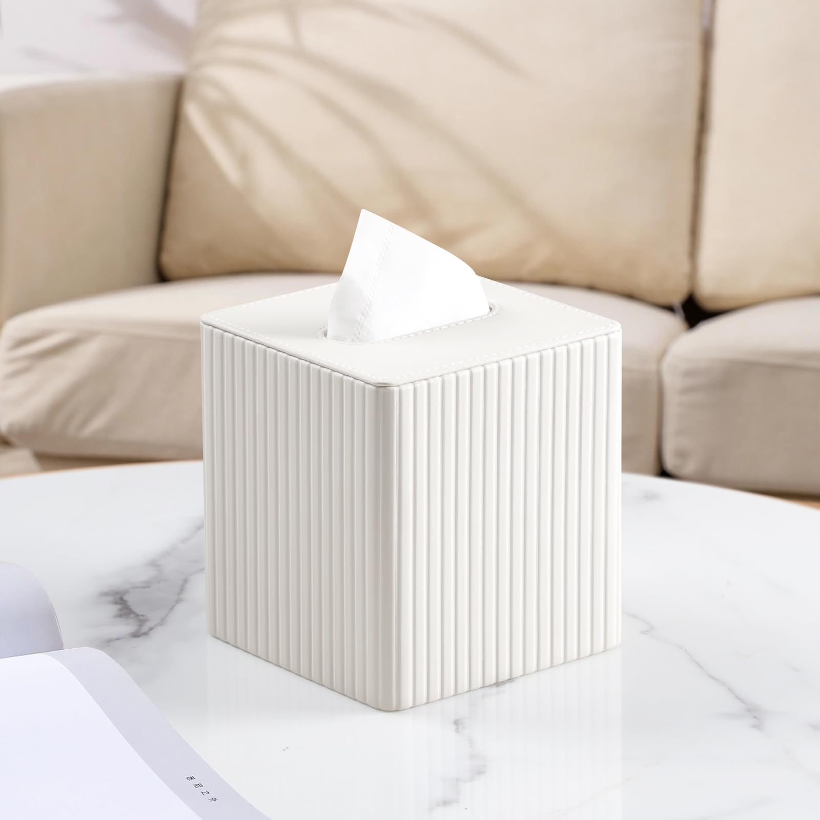 Premium PU Leather Square Tissue Box Cover with Magnetic Closure - Elegant Ivory Stripe Design for Home & Office Decor | Water-Resistant & Dustproof Tissue Holder for Living Room, Bedroom, or Bathroom