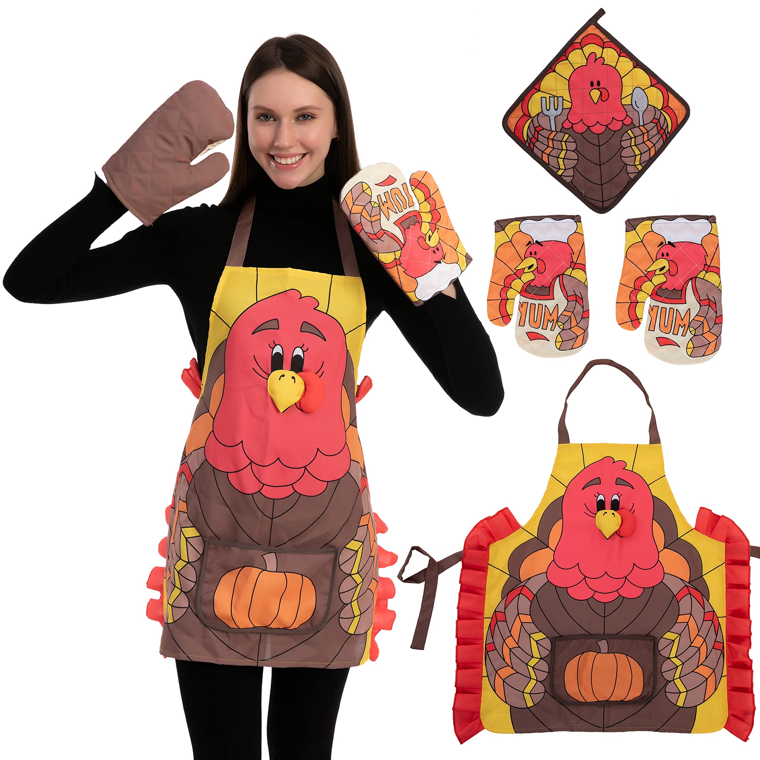 JOYIN 3-Piece Thanksgiving Kitchen Linens Set - Turkey Print Apron, Oven Mitts & Pot Holder - Holiday Cooking & Baking Accessories for Thanksgiving Dinner Prep