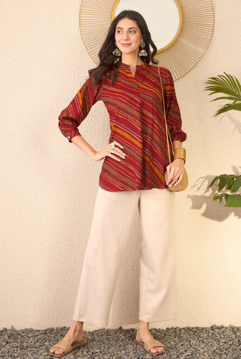 Stylish Red Cotton Blend Leheriya Printed Tunic Top for Women | Comfortable Casual Wear | Perfect for Summer Outfits, Beach Vacations & Boho Fashion