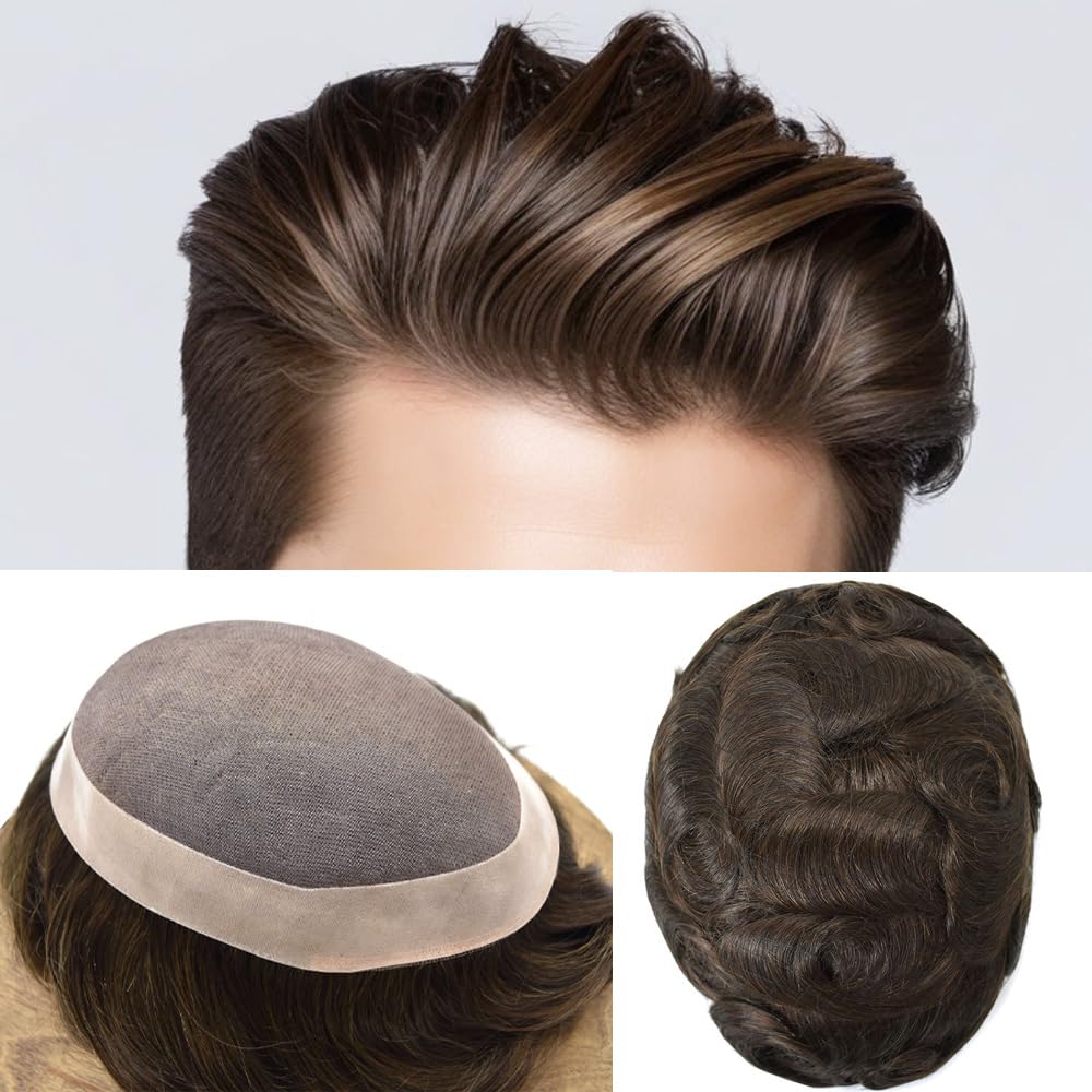 Premium Men's Toupee - European Human Hair Replacement System - Durable Fine Monofilament with Poly Coating - 3# Dark Brown - Medium Density 6x9 - Natural Looking Hairpiece for Daily Wear & Special Occasions