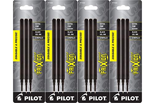 Pilot FriXion Erasable Gel Ink Refills 0.5mm Extra Fine Point Black Ink - 12 Pack for Smooth Writing in Notebooks, Planners & School Work