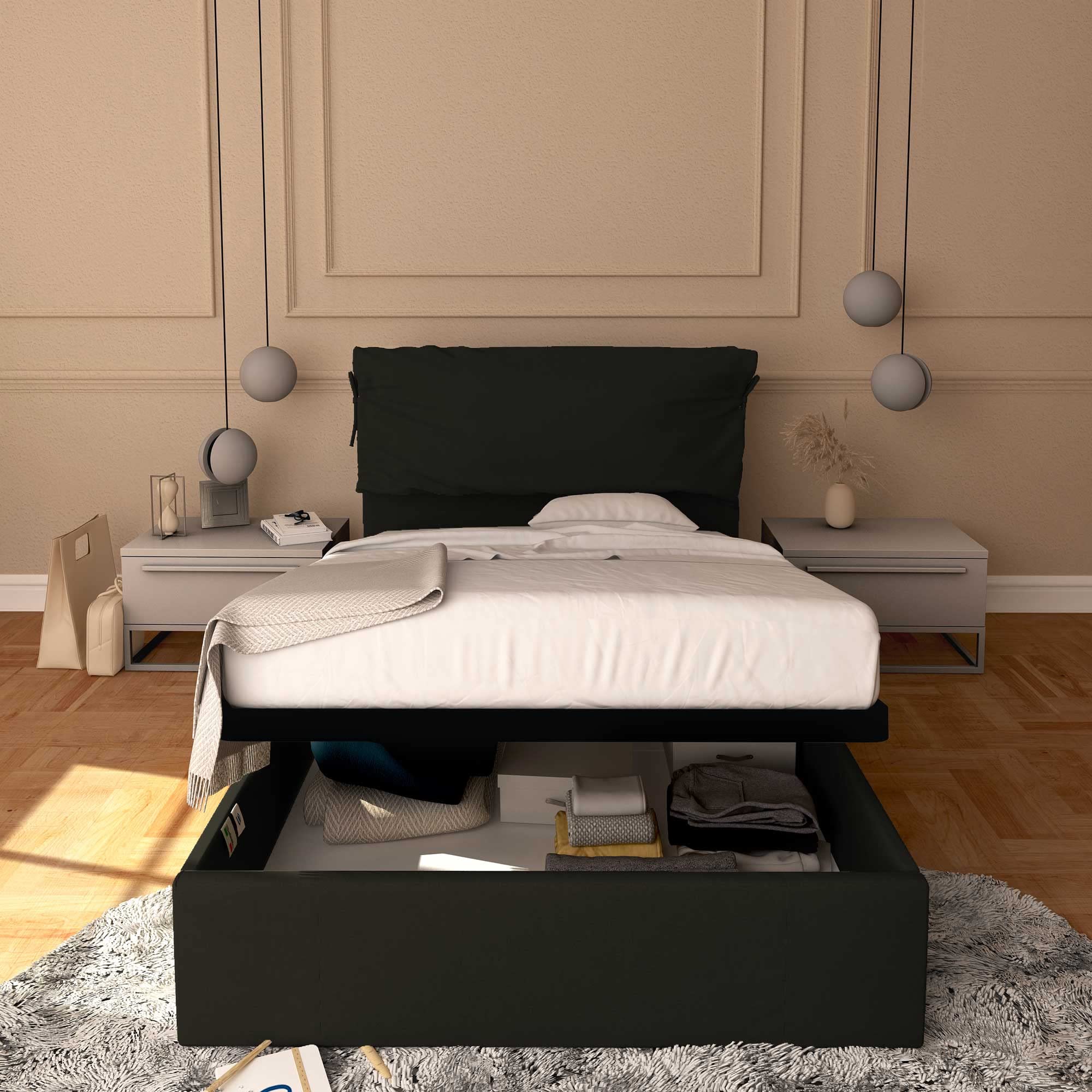 Baldiflex Single Bed with Storage - Licia Soft Synthetic Leather Upholstery, Slatted Base for Single Mattress, 120 x 200 cm, Padded Headboard, Black - Perfect for Small Bedrooms, Guest Rooms & Studio Apartments