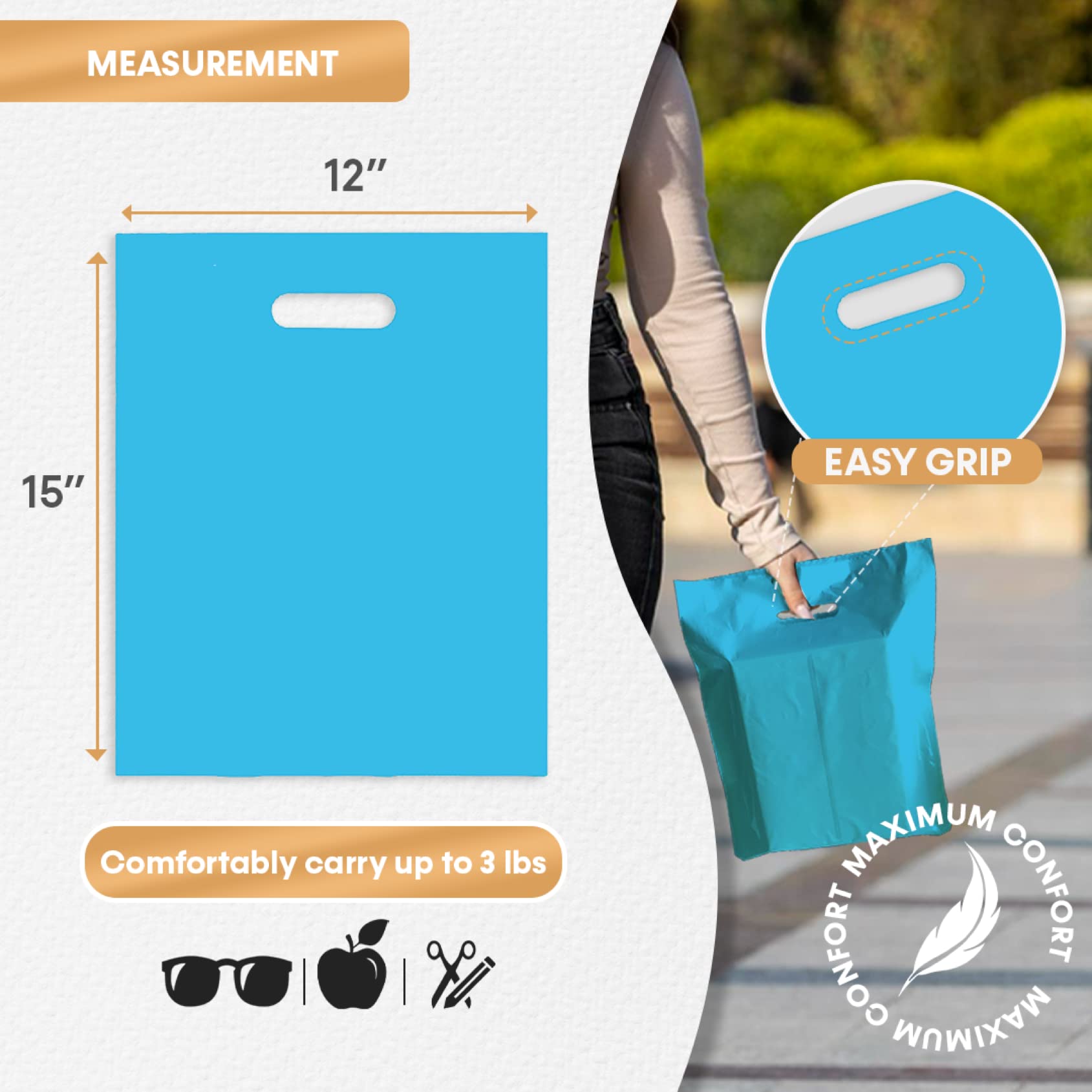 100 Blue 12x15 Merchandise Bags with Die-Cut Handles - Strong, Durable & Tear-Resistant Shopping Bags for Retail Stores, Boutiques, Gift Shops & Events - Perfect for Product Packaging, Customer Purchases & Trade Shows