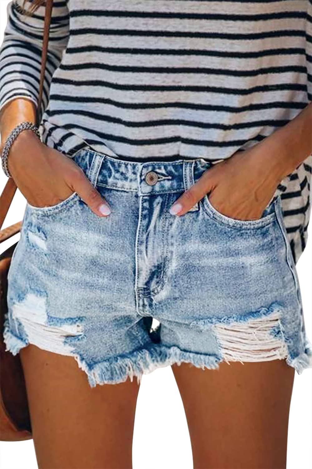 CHICZONE Women's Mid-High Waisted Ripped Denim Shorts - Stretchy Summer Jean Shorts for Casual Outfits & Beach Vacations | Trendy Distressed Cutoff Denim Pants
