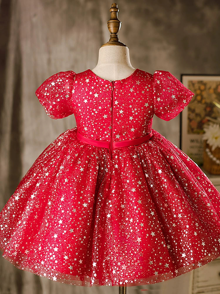 Burgundy Princess Round Tea Length Organza Flower Girl Dress for Weddings & Special Occasions