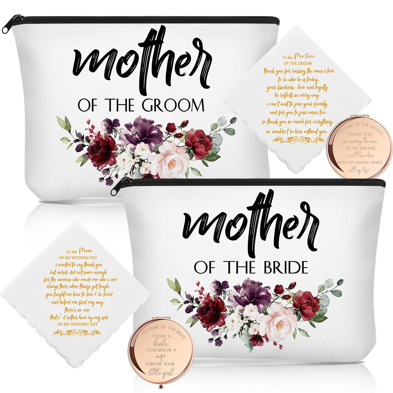 6 Pack Mother of the Bride & Groom Cosmetic Flowers Bag - Elegant Wedding Gift Set with Makeup Mirror & Handkerchief for Mother in Law - Perfect for Engagement, Bridal Shower & Wedding Day Essentials