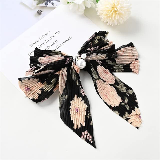 ASG Floral Korean Pearl Chiffon Bow Hair Clip - Large Bowknot Spring Hairpin for Women & Girls, Strong Hold Hair Accessory for Wedding, Party & Daily Use
