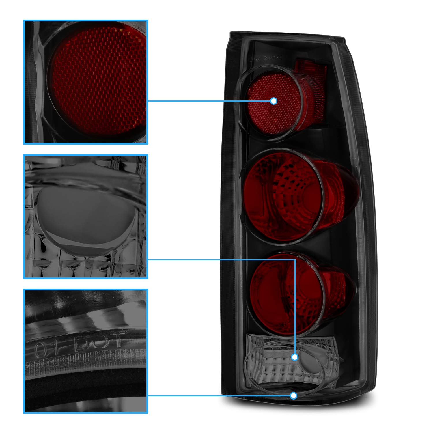 AmeriLite Dark Black Altezza Style Replacement Tail Lights for Chevy GMC C/K Truck, Silverado, Sierra, Suburban, Blazer, Tahoe, Yukon - Complete Set (Driver & Passenger Side) - Enhance Safety & Style for Night Driving, Off-Road Adventures & Custom Truck Builds