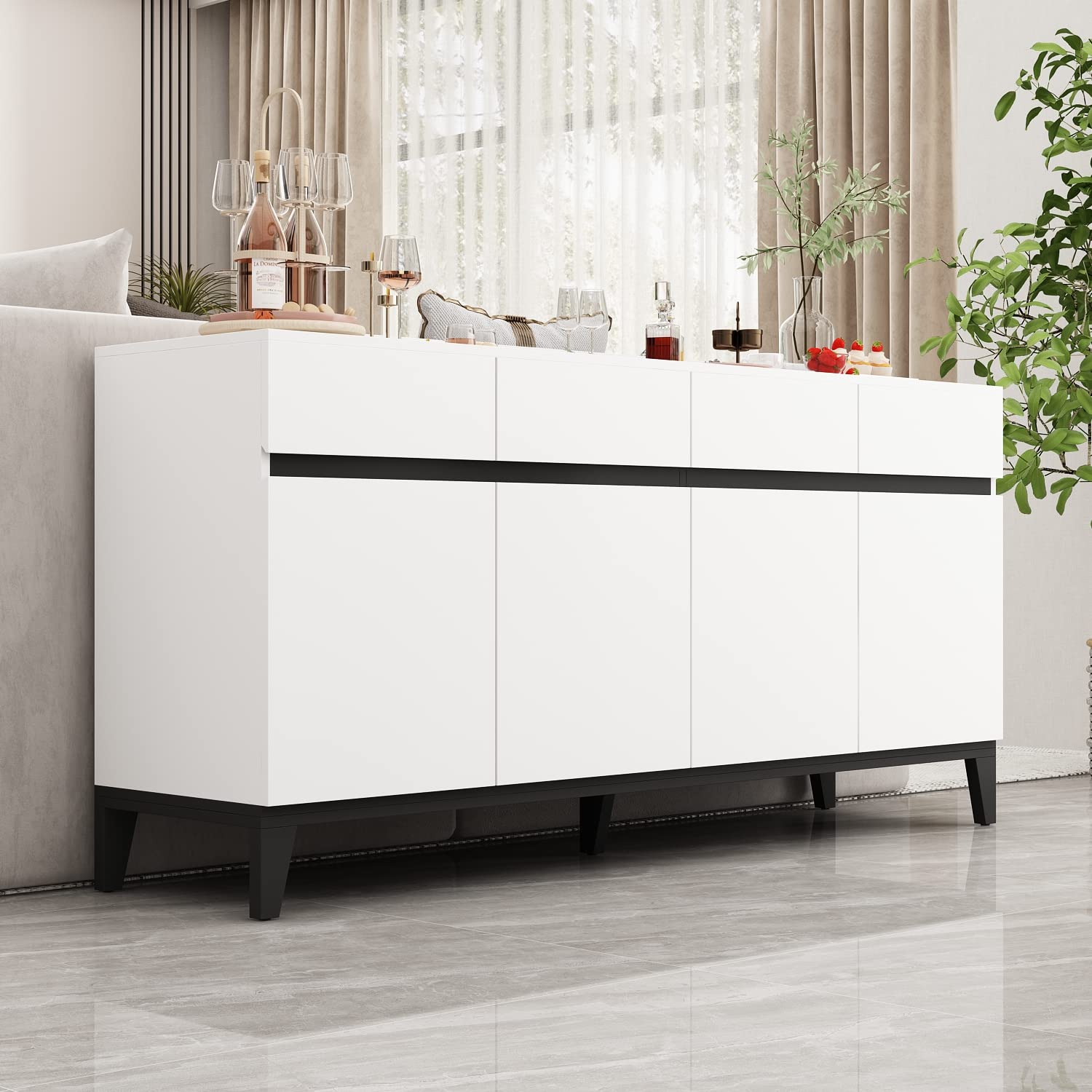 ECACAD White Sideboard Buffet Cabinet with 4 Drawers, 4 Storage Compartments & 4 Doors - Kitchen Storage Console Table, Coffee Bar Cabinet for Living Room, Hallway, Dining Room - Perfect for Home Organization & Entertaining Guests