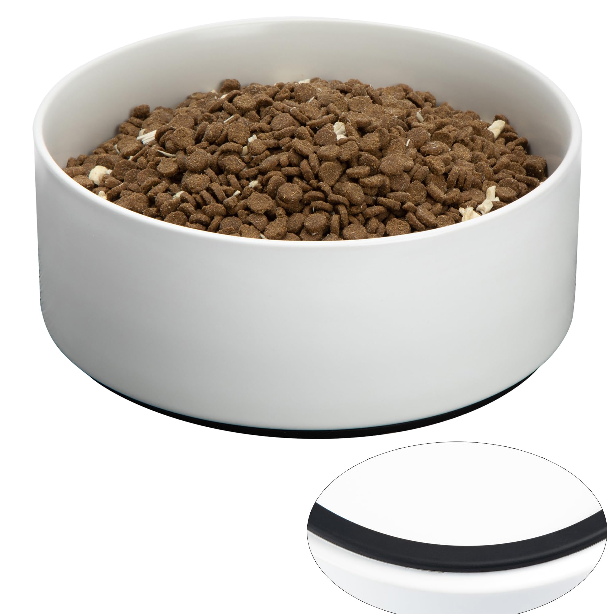 Non-Slip Ceramic Dog Bowl with Silicone Base - 8 Inch Large Spill-Proof Pet Food and Water Dish for Medium & Large Breed Dogs - Microwave Safe White Dog Feeder - Perfect for Messy Eaters and Active Pets at Home or Travel