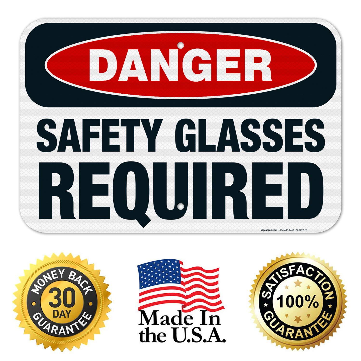 Danger Safety Glasses Required Sign - OSHA Compliant 12x18 Inches, 3M EGP Reflective .063 Aluminum, Fade Resistant for Indoor/Outdoor Use - Made in USA | Perfect for Construction Sites, Warehouses & Industrial Safety Areas