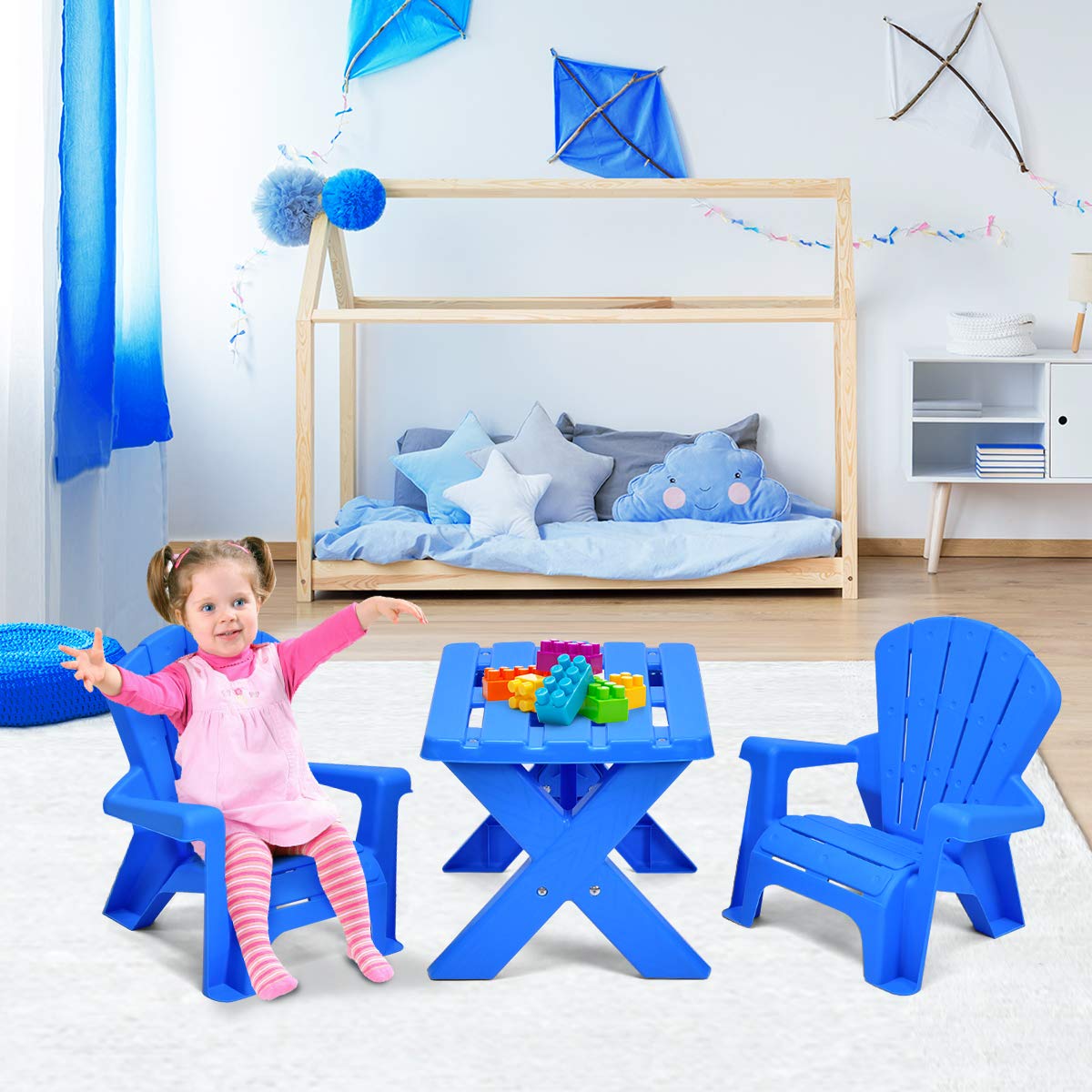 Costzon Kids Table and Chair Set - Toddler Activity Table with 2 Adirondack Chairs for Outdoor Play, Picnic, Garden & Beach (Blue) | Perfect for Backyard, Patio, Preschool & Daycare Activities