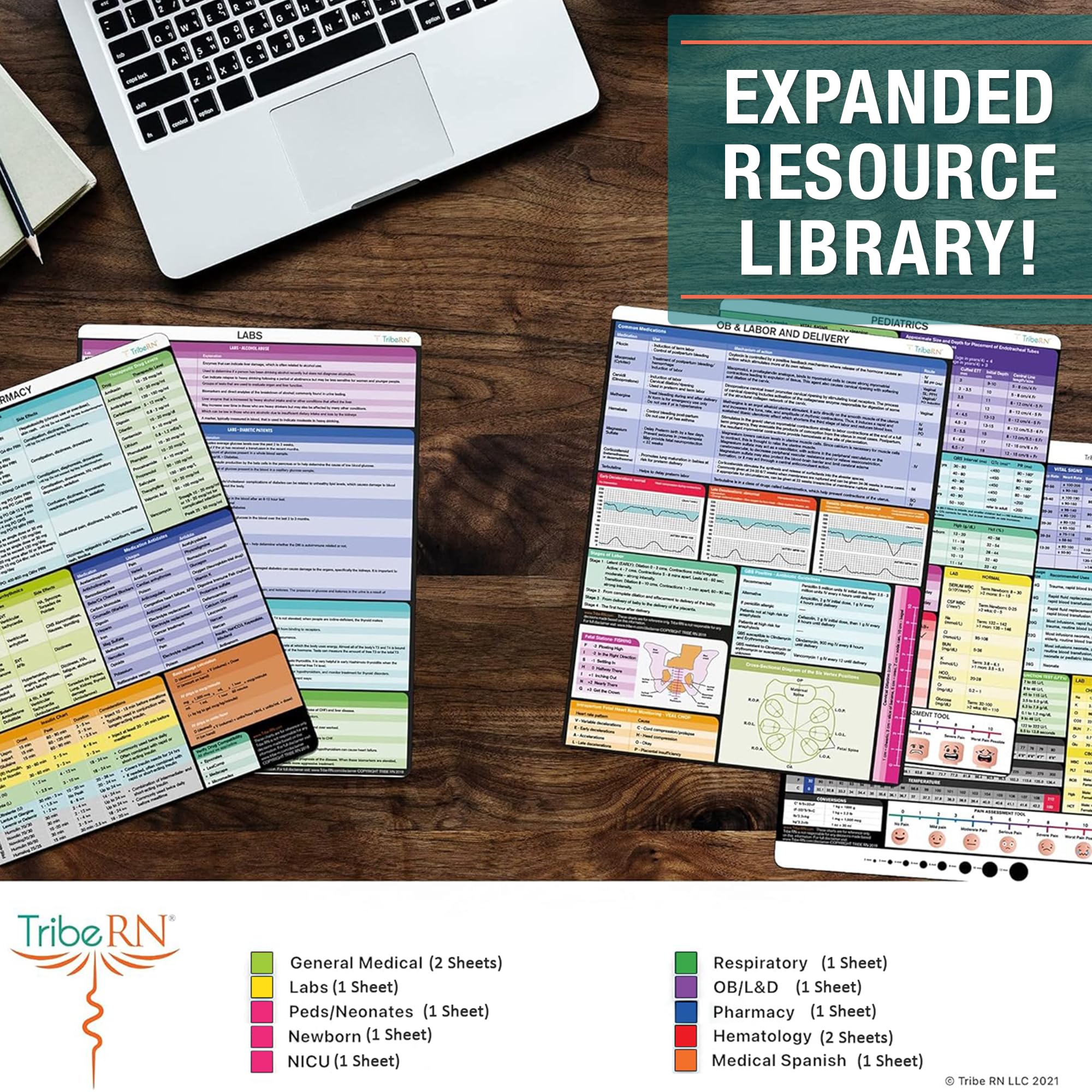 Nursing Cheat Sheets by Tribe RN - 6 Durable Medical Reference Cards for Nurses & Students | General Med, Labs, Medical Spanish, Newborn, NICU, OB/L&D, Pharmacy, Respiratory, Pediatrics | Perfect for Clinical Rotations, NCLEX Prep & Quick Patient Care Reference