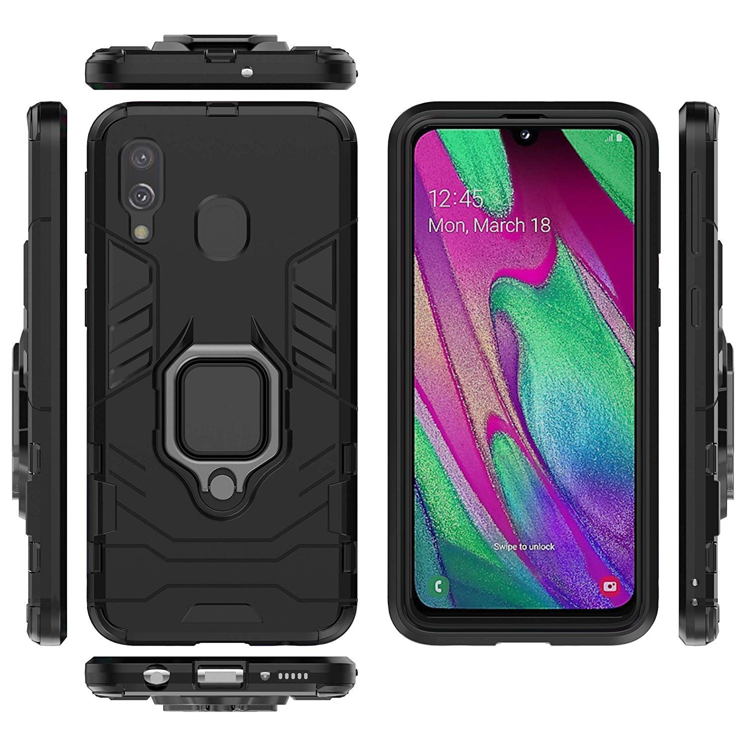 LuluMain Shockproof Rugged Case for Samsung Galaxy A40 - Dual Layer Hard Bumper with Metal Ring Grip & Kickstand | Compatible with Magnetic Car Mount | Perfect for Outdoor Activities, Work & Travel (Black)