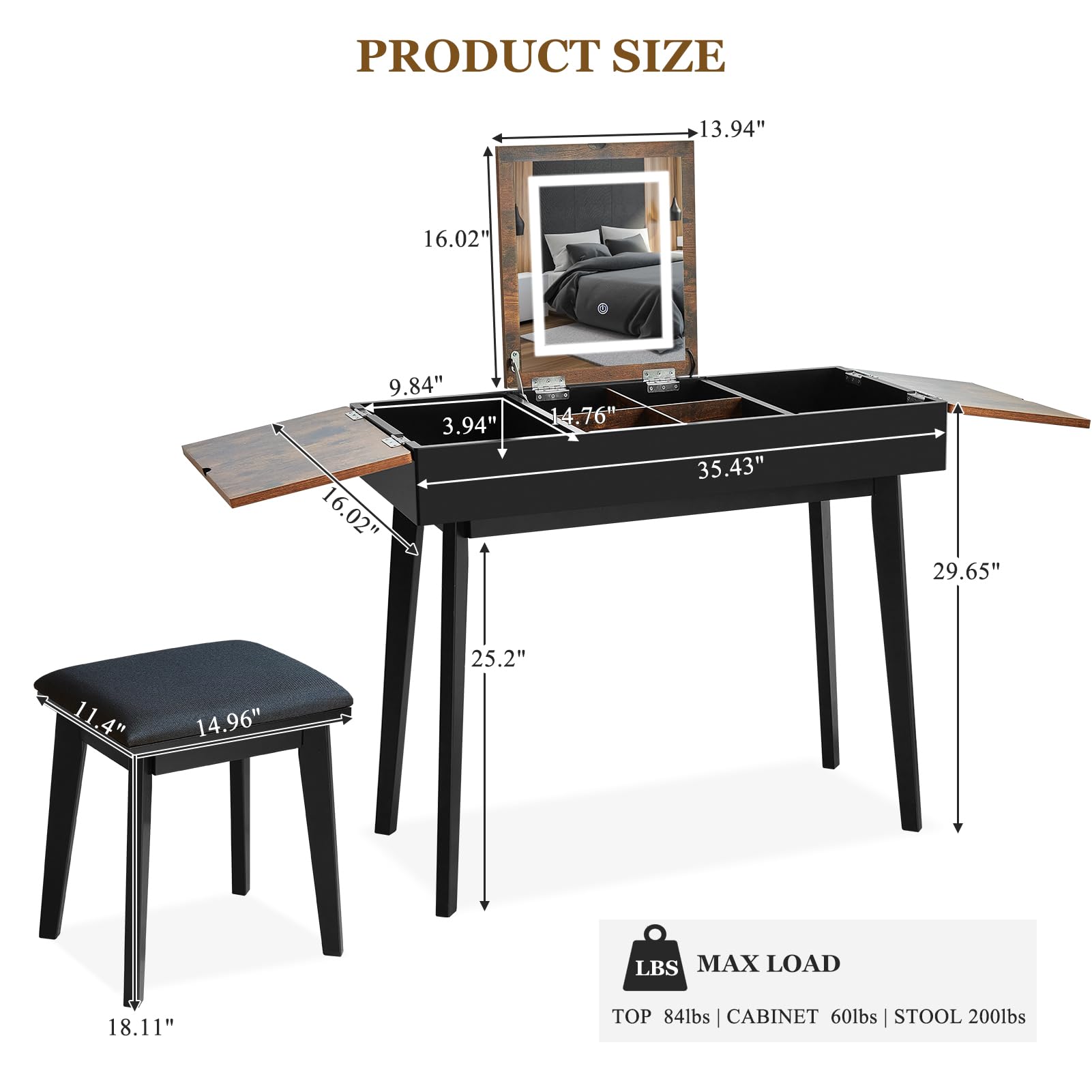 Vintage Flip Top Makeup Vanity Desk with LED Mirror & Power Outlet - Rustic Vanity Table Set with Cushioned Stool, Black Brown - Perfect for Bedroom, Dressing Room & Beauty Salon Makeup Station