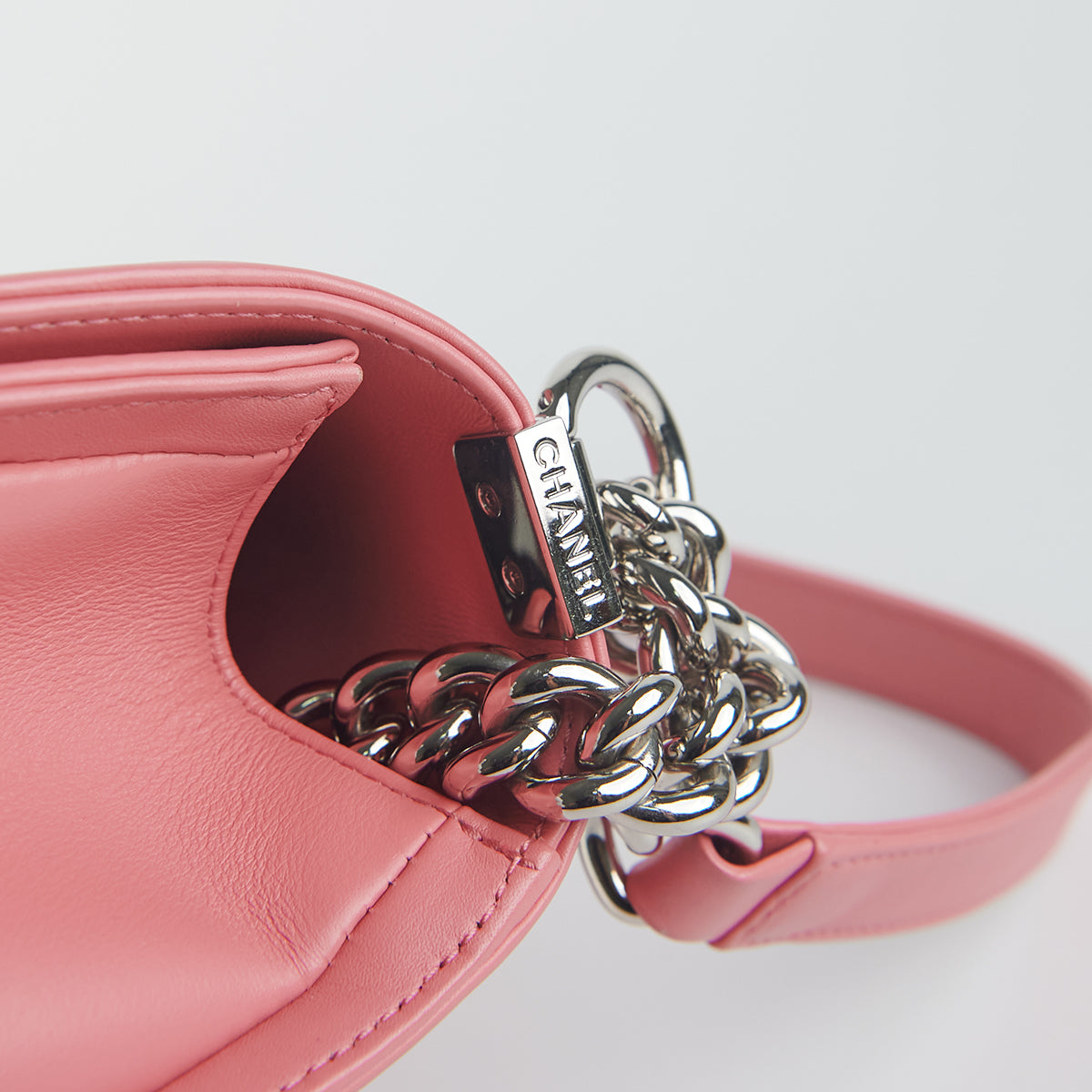 Chanel Chevron Quilted Boy Bag Old Medium Size Lambskin Leather Pink Crossbody Purse - Perfect for Date Night & Evening Events