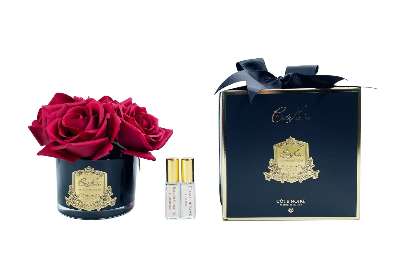 Luxury Cote Noire Limited Edition 5 Rose Red Perfumed Roses in Black & Gold - Perfect for Romantic Gifts, Wedding Decor & Home Fragrance