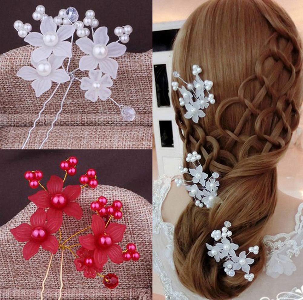 AKOAK 5-Piece Bridal Tiara Set - Handmade Pearl Floral Hair Clips, U-Shaped Hairpins, and Braid Hair Discs for Wedding, Prom, and Special Occasions (White)
