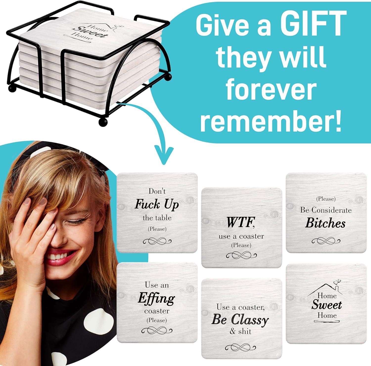 Funny White Elephant Gifts for Adults - Secret Santa Coasters Set with Holder - Christmas Stocking Stuffers for Men & Women - Gag Gifts for Couples, Birthday & Housewarming - Cool Friend Presents for Her & Him - Perfect for Office Parties, Holiday Gatherings & Gift Exchanges