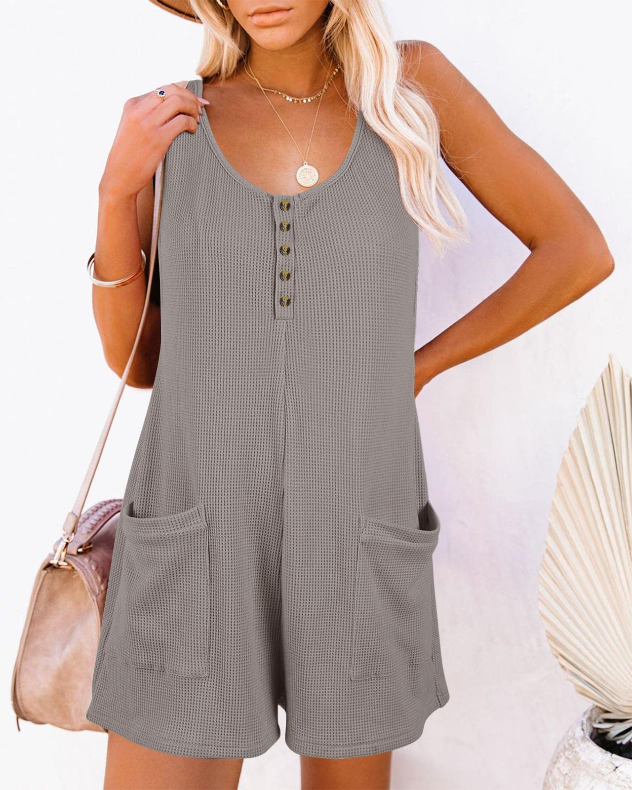 Women's Sleeveless Romper Jumpsuit - Button Down Waffle Fabric Summer Outfit for Vacation & Beach Wear | Casual Dress for Women