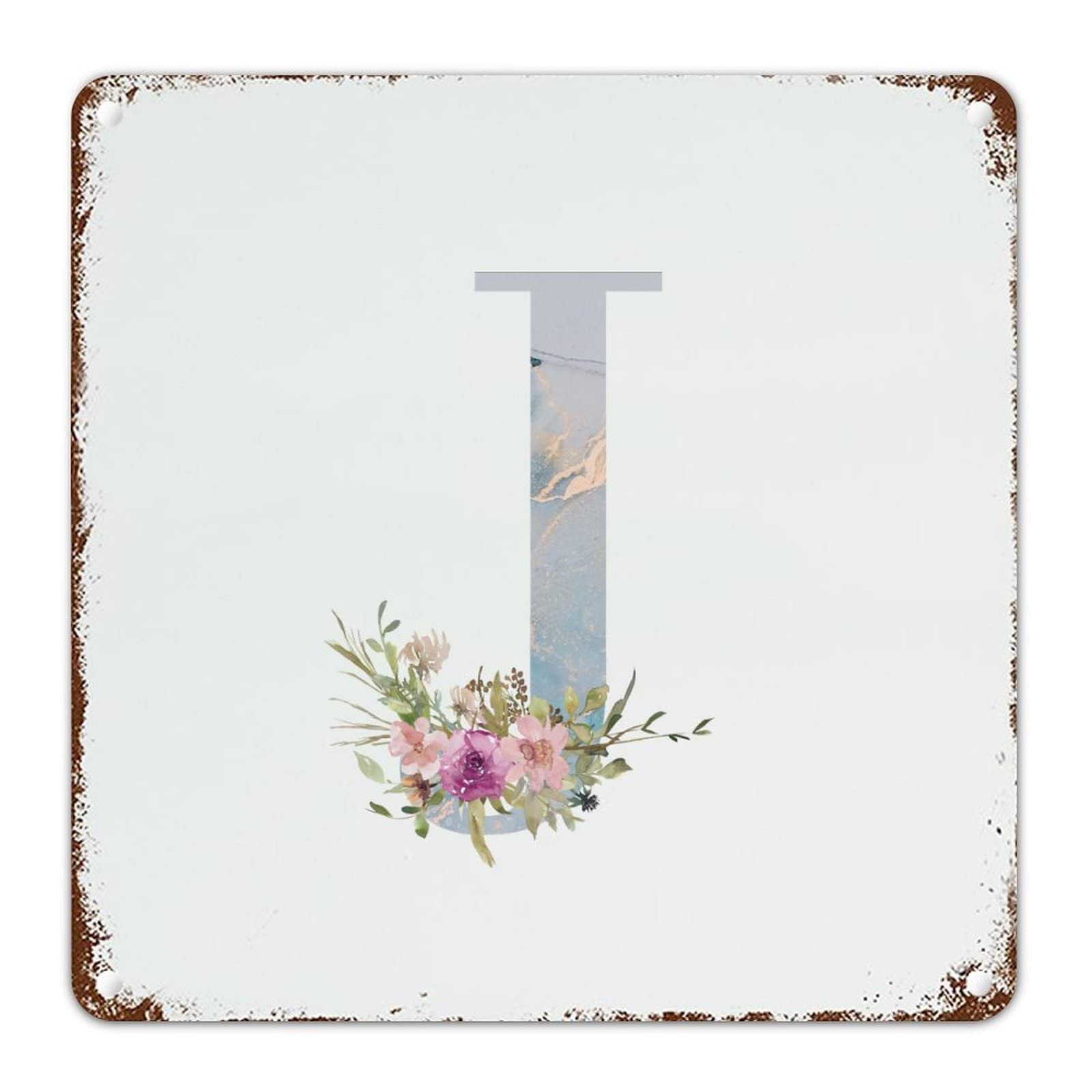 Vintage Blue Watercolor Marble Floral Monogram Letter J Metal Wall Sign - 8x8 Inch Hanging Alphabet Decor for Home, Bedroom, Bar & Office - Perfect for Rustic, Farmhouse & Vintage Style Interior Design