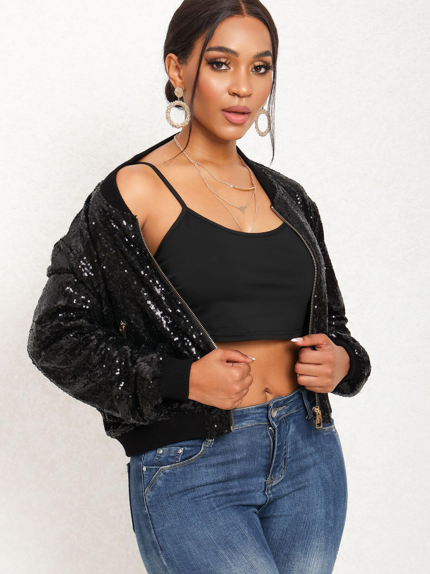 Sparkly Women's Sequin Bomber Jacket with Front Zip & Ribbed Cuffs | Long Sleeve Party Blazer for Night Out, Clubwear & Special Occasions