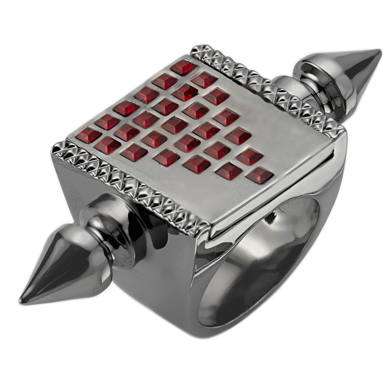 Stylish Hematite Signet Ring with Deco Crystals & Spikes - Perfect for Gothic Fashion, Punk Outfits & Statement Jewelry