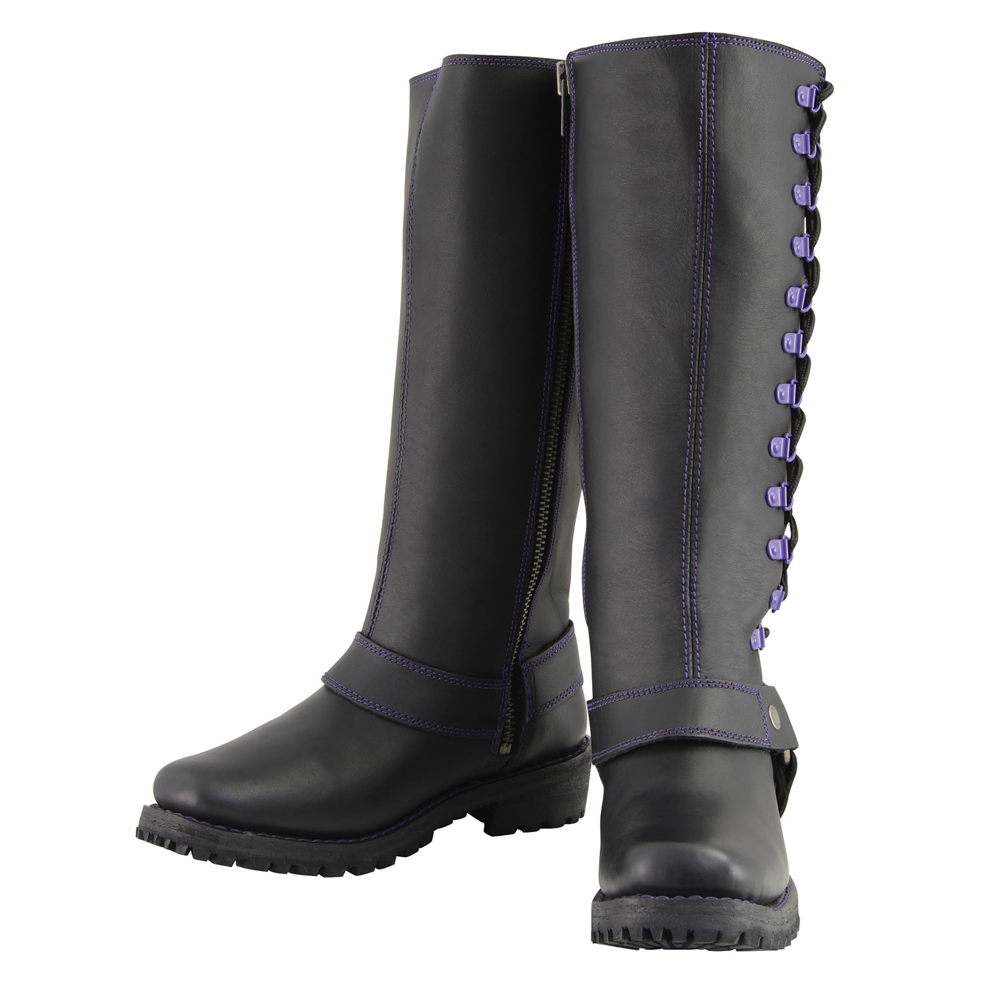 Milwaukee Leather Women's Black 14-inch Motorcycle Boots with Purple & Pink Lacing - Harness Style Biker Boots for Riding & Fashion (MBL9366-MBL9367) | Perfect for Cruiser Motorcycles & Urban Streetwear