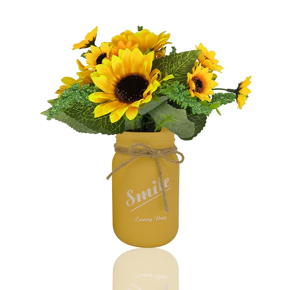 GUBIYU Yellow Mason Jar with Fake Sunflowers - Rustic Bathroom & Kitchen Organizer Set, Toothbrush Holder, Country Countertop Decor for Farmhouse Living Room | Perfect for Bathroom Storage, Kitchen Utensil Holder & Vintage Home Decor