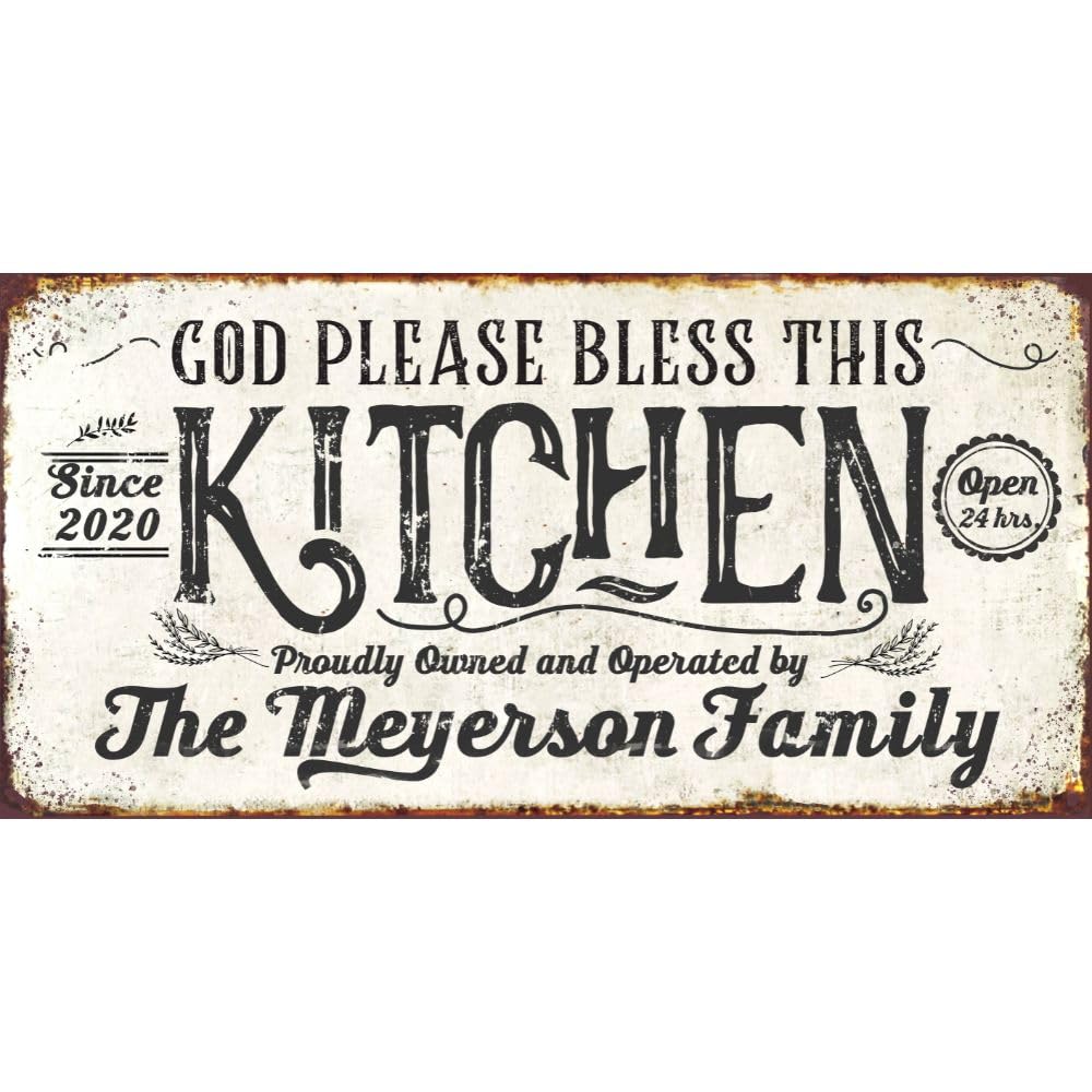 Personalized 'God Please Bless This Kitchen' Antique Metal Look 12x24 Unframed Poster - Rustic Kitchen Decor, Pantry Sign, Housewarming Gift for Home & Restaurant - Perfect for Farmhouse, Cottage & Vintage Dining Room Decor