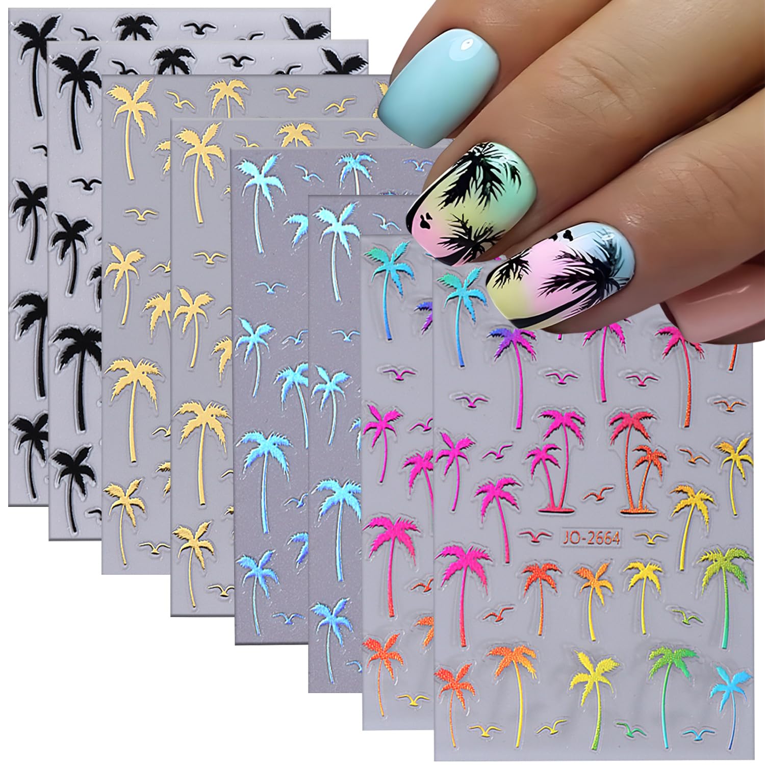 8 Sheets Coconut Tree Nail Art Stickers - 3D Self-Adhesive Summer Nail Decals with Black Gold Laser, Silver & Colorful Gradient Designs - Nail Art Supplies for Women - Perfect for Beach Vacations, Pool Parties & Tropical Summer Nail Designs