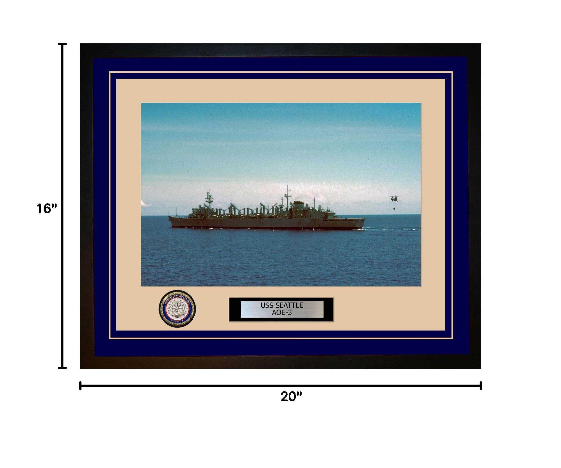 USS Seattle AOE-3 Navy Ship Framed Photo - Premium Quality 8x10 Inch Blueprint Style Wall Art - Perfect for Military History Enthusiasts, Home Office Decor & Veterans Gifts