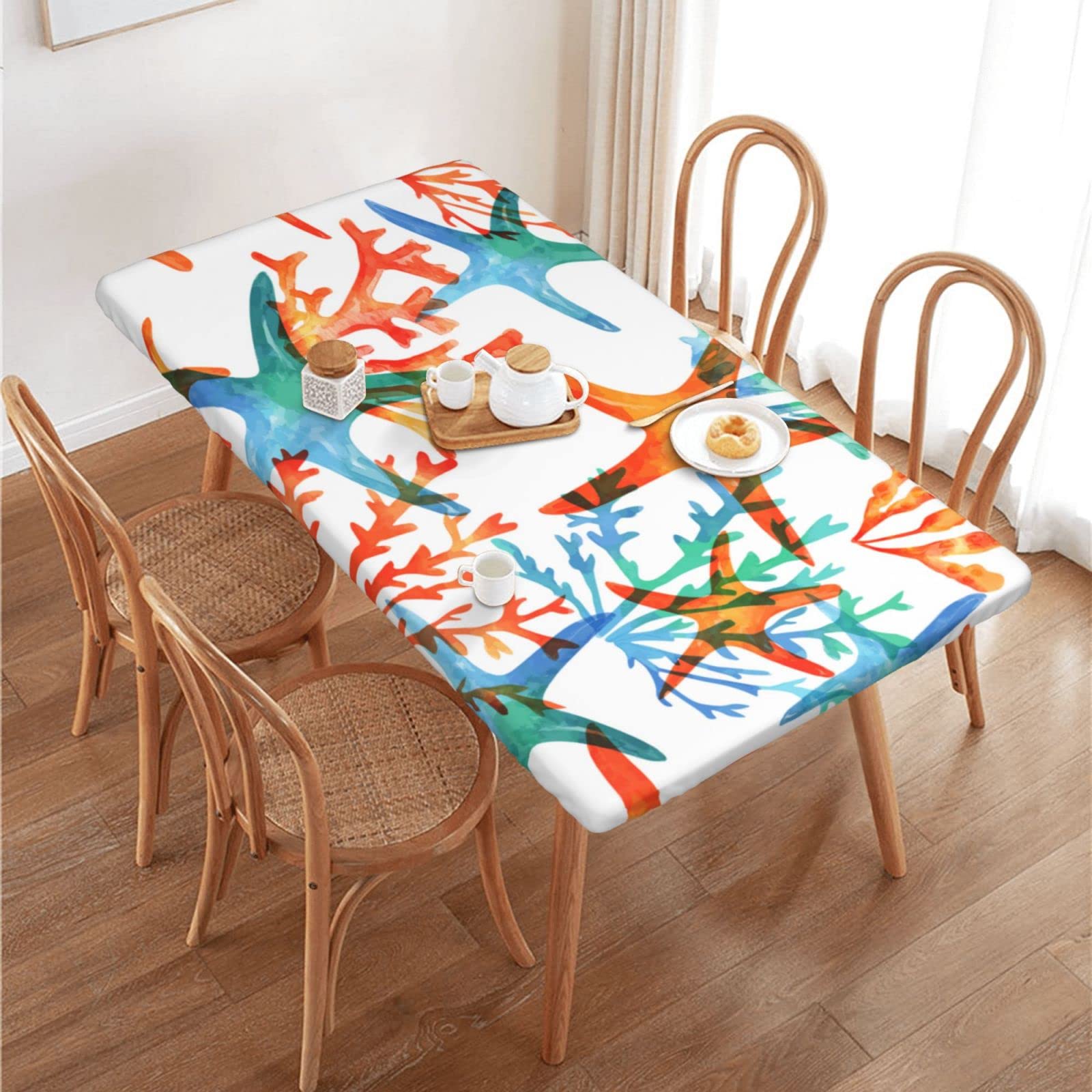 Arasrsey Marine Starfish Waterproof Tablecloth for 4ft Rectangle Tables - Foldable Fitted Table Cover with Elastic Edge, Colorful Coral Design for Picnic, Party & Dining Room - Perfect for Outdoor Events, Beach Parties & Home Decor