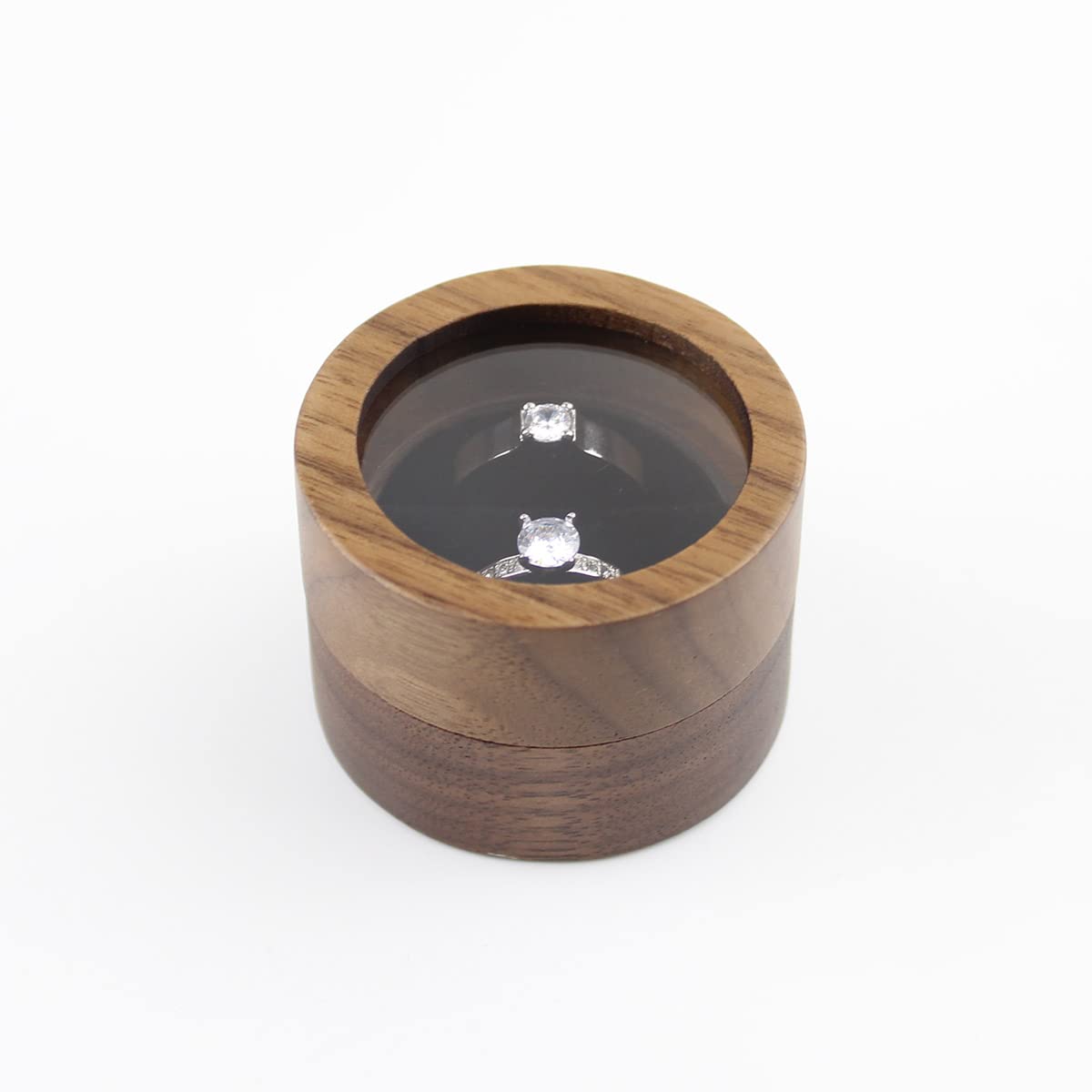 Round Wooden Jewelry Ring Box with Transparent Lid - 2 Slot Engagement Wedding Ring Holder with Black Velvet Lining - Perfect for Proposals, Anniversaries & Gift Giving