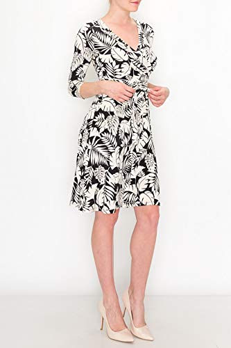 Women's 3/4 Sleeve Faux Wrap Midi Dress - Knee Length Summer Wedding Guest Dress for Party, Bridal Shower, Baby Shower & Maternity Nursing - Black & White - Made in USA | Perfect for Garden Parties, Cocktail Events & Formal Occasions