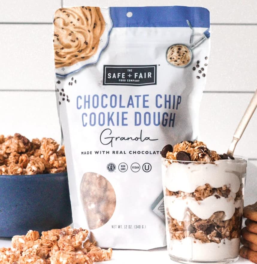 Safe + Fair Chocolate Chip Cookie Dough Granola – Gluten-Free, Dairy-Free & Vegan Snack – Allergen-Free, Non-GMO, No Artificial Ingredients – 12oz Pack – Perfect for Breakfast, Hiking & Office Snacks