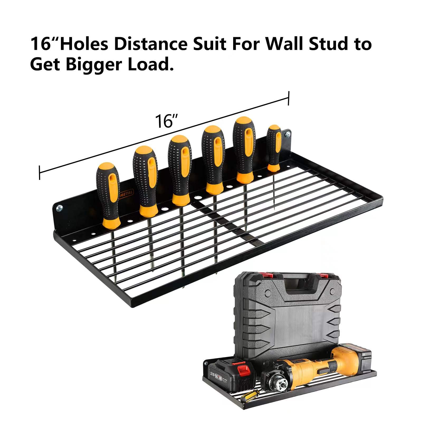 Heavy Duty Metal Power Tool Organizer with Charging Station - Wall Mount Drill Holder & Garage Storage Shelves (2-Pack 4-Set, Black) - Perfect for Workshop, Garage & DIY Projects