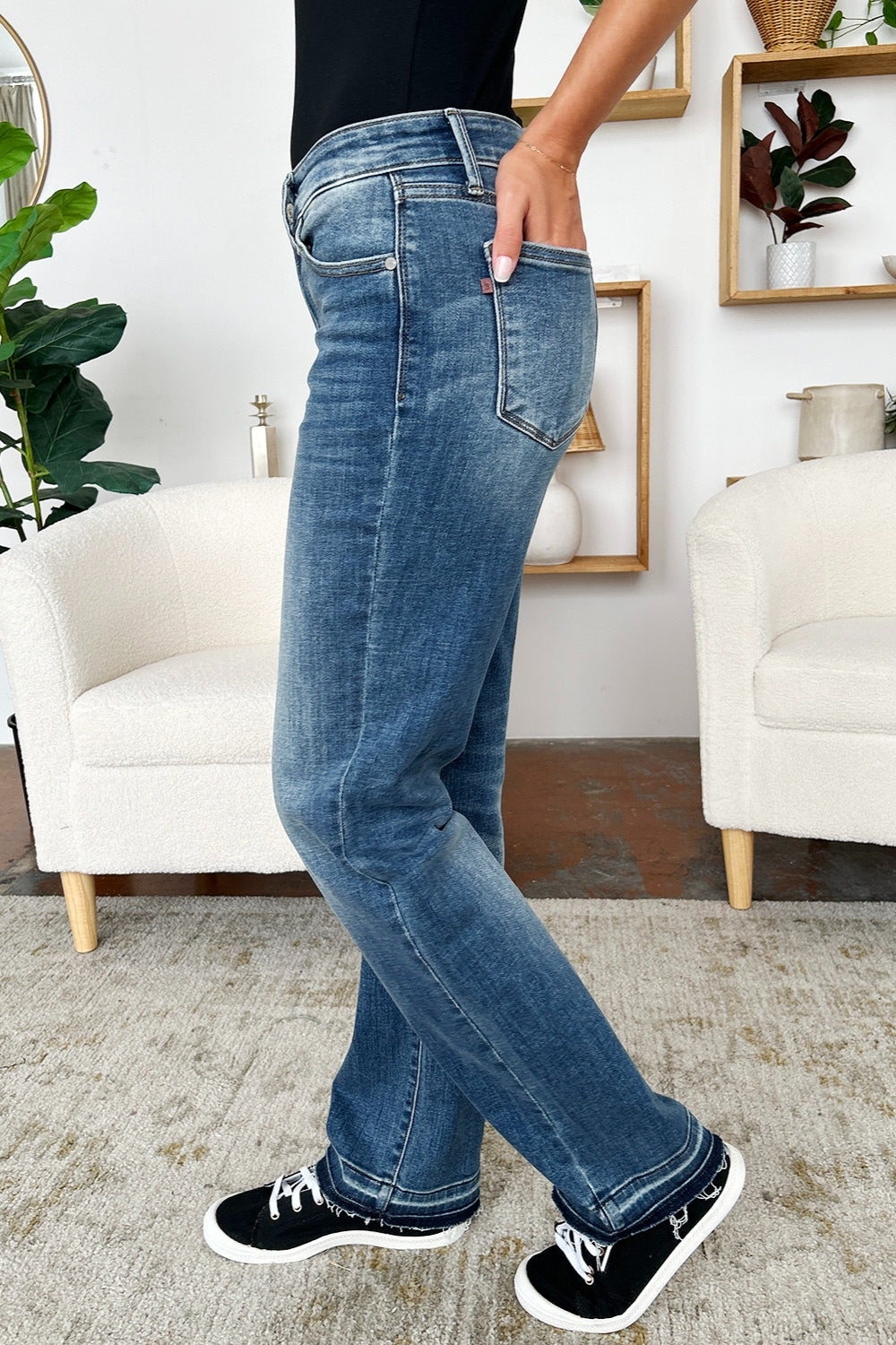 Judy Blue Women's Mid Rise Stretch Denim Jeans with Release Hem - Comfortable & Stylish for Casual Wear, Work, and Everyday Outfits