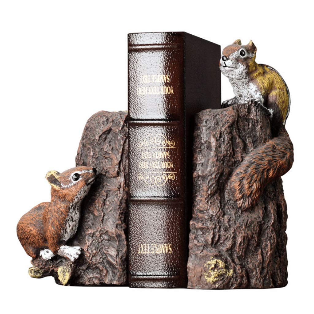 Cute Squirrel Bookends Set - Rustic Resin Animal Bookend Holders for Heavy Books, Decorative Bookshelf Organizer for Home Office & Kids Room