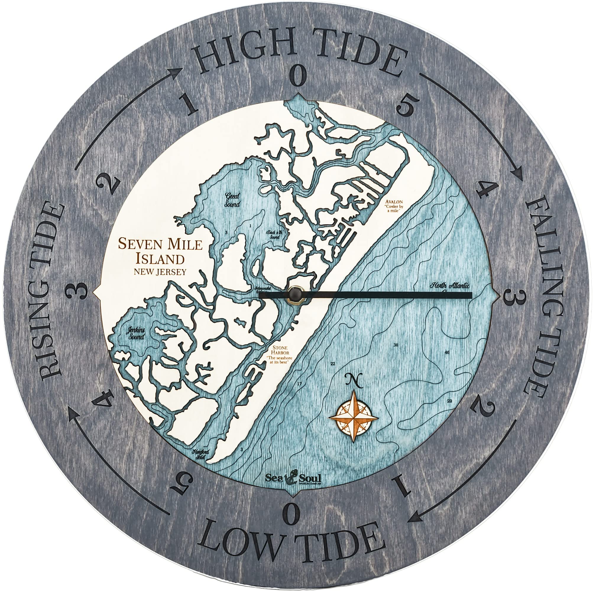 16-inch Nautical Tide Clock with 3D Wood Map - Seven Mile Island, Avalon & Stone Harbor - Sun Bleached Blue/Blue Green - Perfect Fisherman Gift, Sailor Present & Coastal Home Décor for Beach Houses, Boats & Ocean-Themed Rooms