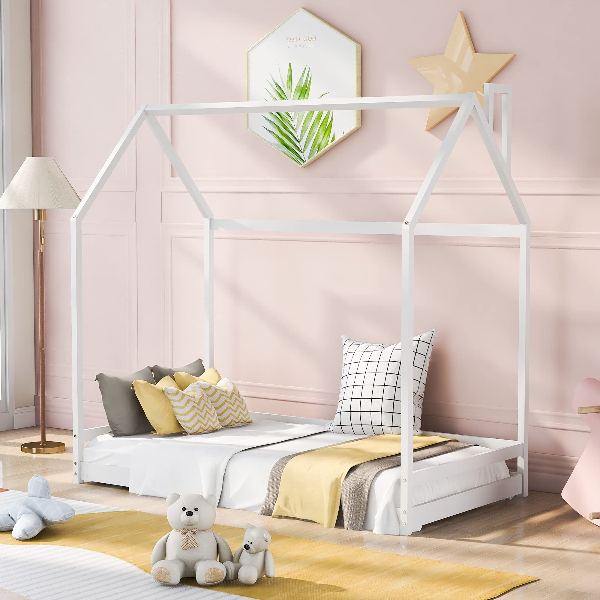 LZ LEISURE ZONE Twin House Bed Frame - Solid Wood Kids Bed with Safety Rails - Perfect for Toddlers & Children's Bedroom (White) | Fun Playhouse Design for Imaginative Play & Cozy Sleep