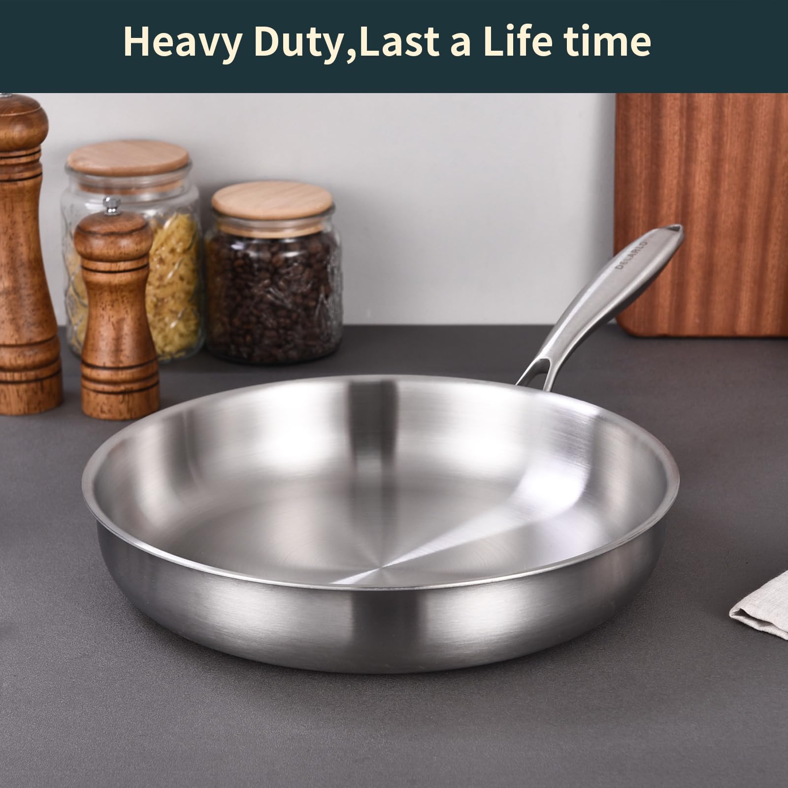 DELARLO 10-Inch Tri-Ply Stainless Steel Frying Pan - Professional Chef's Skillet for Induction, Gas & Electric Stoves - Oven & Broiler Safe Up to 600°F - Heavy Duty 18/10 Cooking Pan for Searing, Sautéing & Omelettes - Perfect for Home Kitchens & Restaurant Use