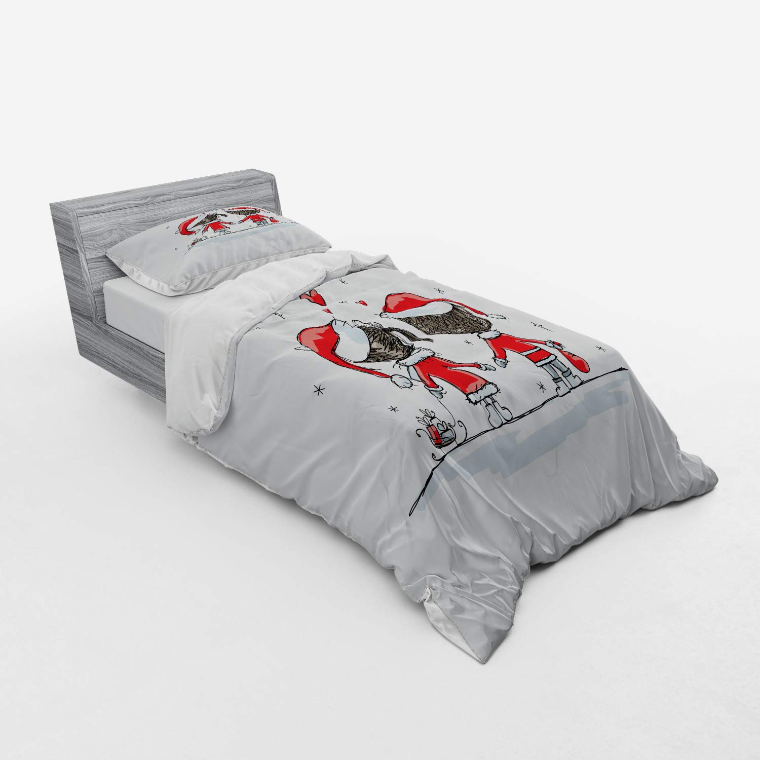 Ambesonne Christmas Duvet Cover Set - Santa Costume Family Romance Winter Night Print, 3-Piece Bedding Set with Sham & Fitted Sheet, Twin XL Size, Red & White | Cozy Holiday Bedroom Decor for Christmas Season