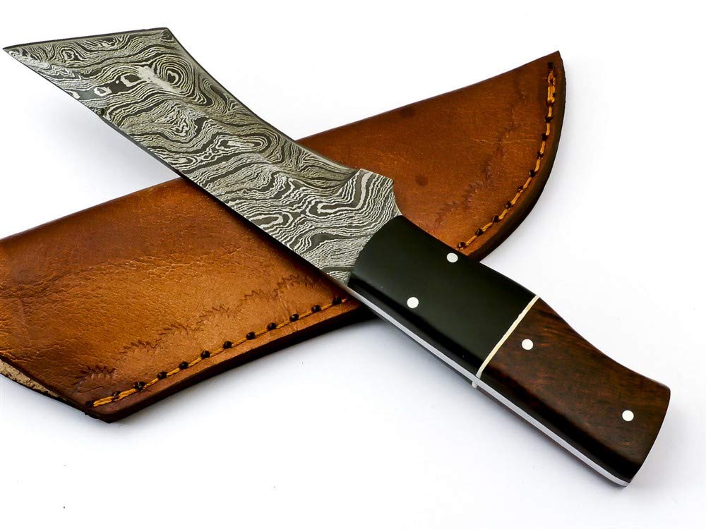 Premium Damascus Steel Tanto Hunting Knife - Custom Handmade Skinning Knife with Rosewood Handle & Genuine Leather Sheath | Outdoor Survival Gear, Camping, Bushcraft, Hunting Accessories (Model S-6468)