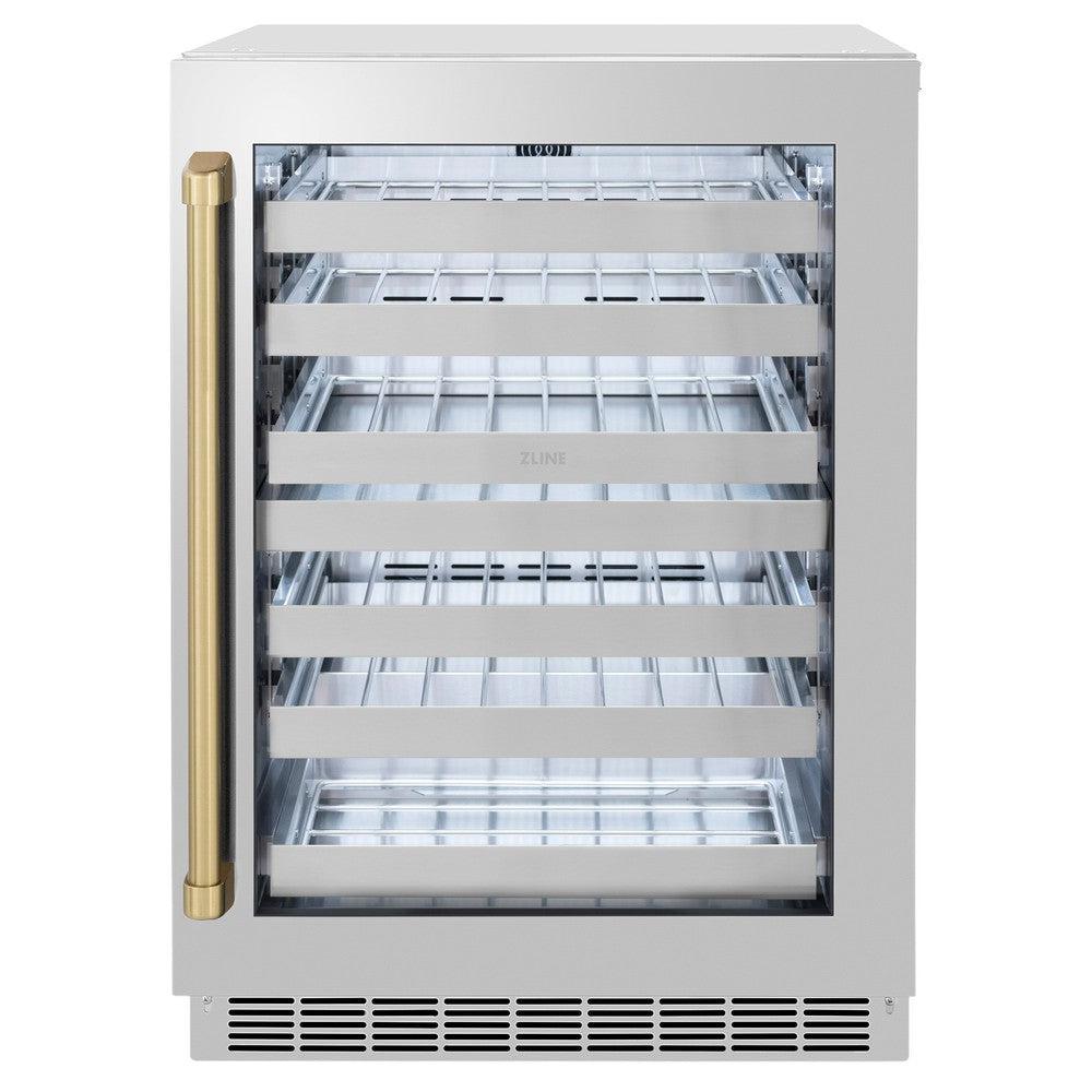 ZLINE Autograph Edition 24 Inch Dual Zone Wine Cooler - 44 Bottle Capacity, Stainless Steel Glass Door & Champagne Bronze Handle - Perfect for Home Bars, Wine Cellars & Entertaining (RWDOZ GS 24 CB)