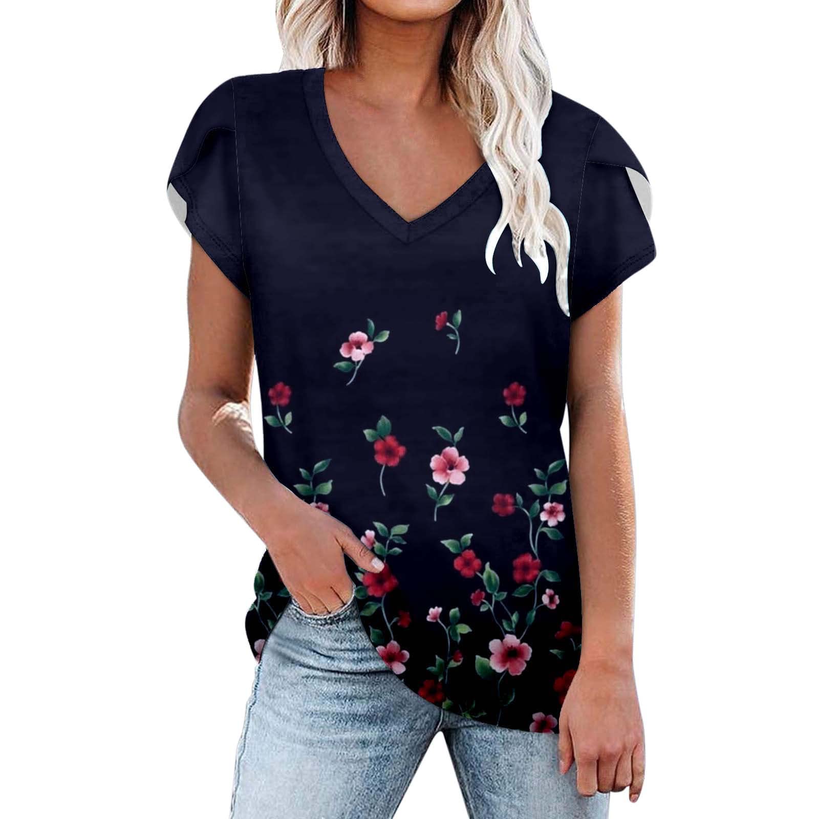 Women's Summer Casual Floral Print V-Neck Short Sleeve T-Shirt - Loose Comfortable Black Top Medium Size | Perfect for Beach Outings, Weekend Wear & Casual Summer Fashion