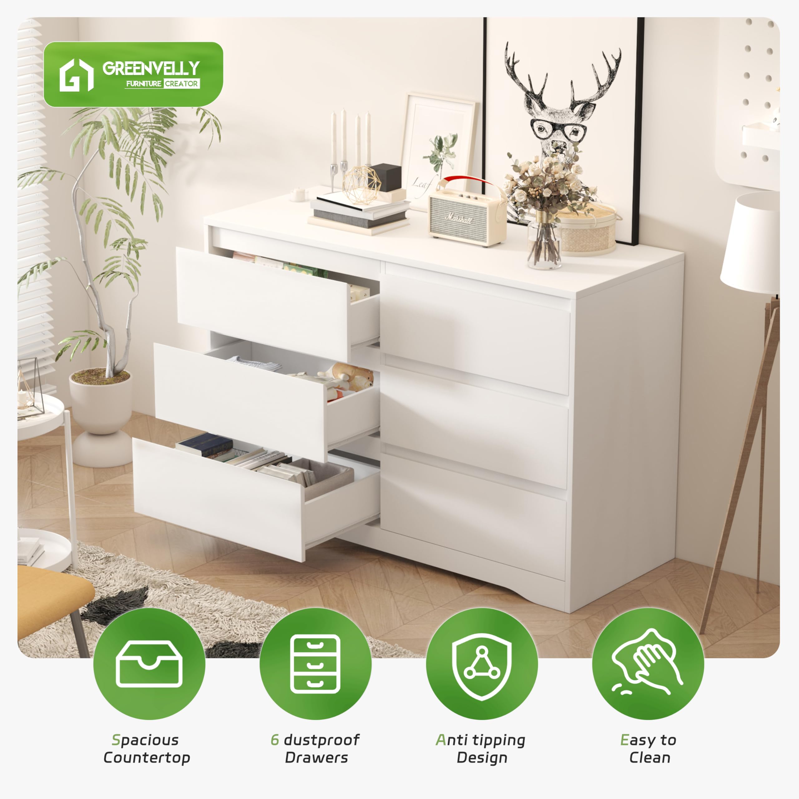 Greenvelly White Dresser with Deep Drawers - Modern 6-Drawer Wooden Chest for Bedroom & Nursery - Spacious Storage Dresser for Women & Family - Perfect for Organizing Clothes, Bedding & Home Decor